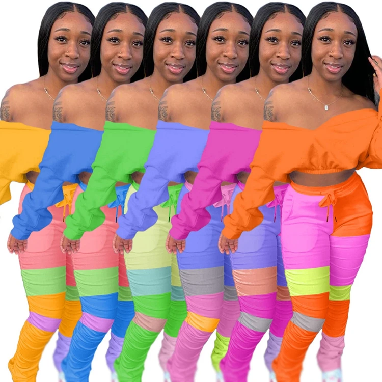 

Fashion fall autumn colorful stacked pants crop top womens clothing two piece set