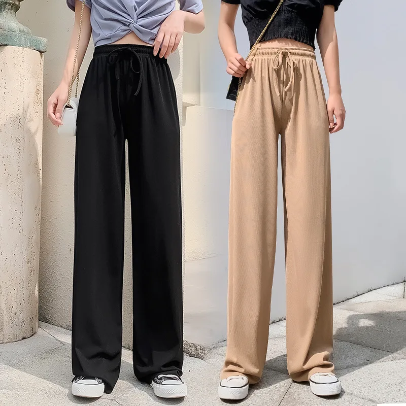 

Amazon INS Aliexpress Hot Women Wide Leg Pants Summer Autumn Loose Solid High Waist Drawstring Casual Office Women Long Pants, Apricot,black,brown