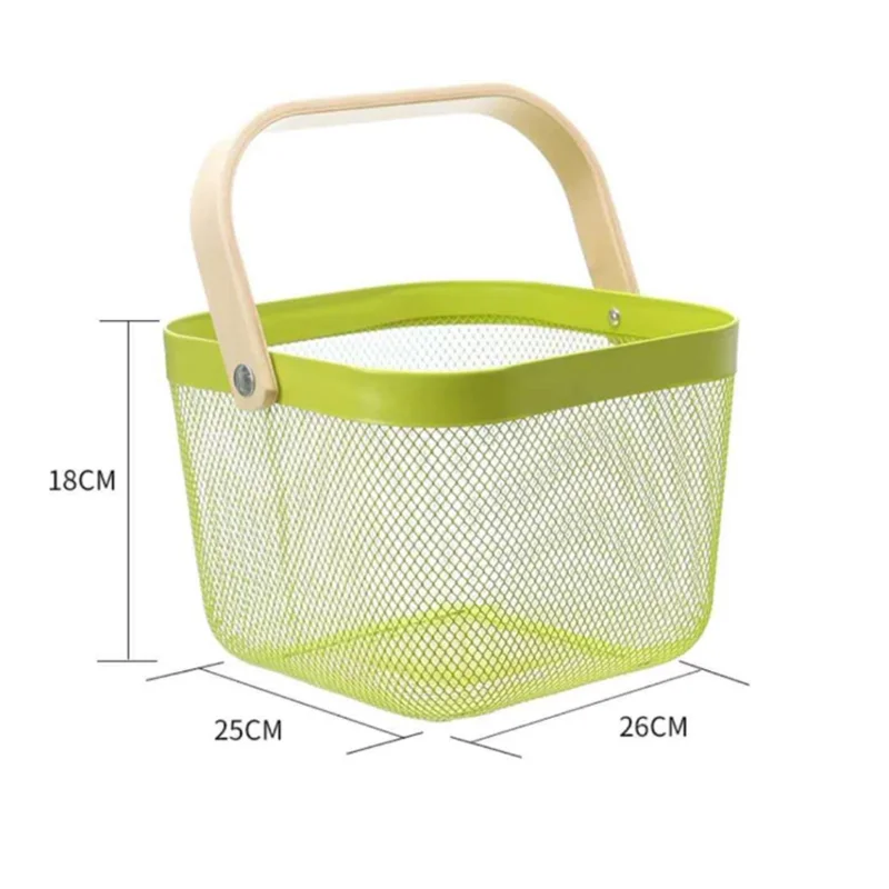 

UCHOME Hot sale kitchen bath toy metal organizer wire mesh fruit storage basket with wooden handle, Many colors can be choosed