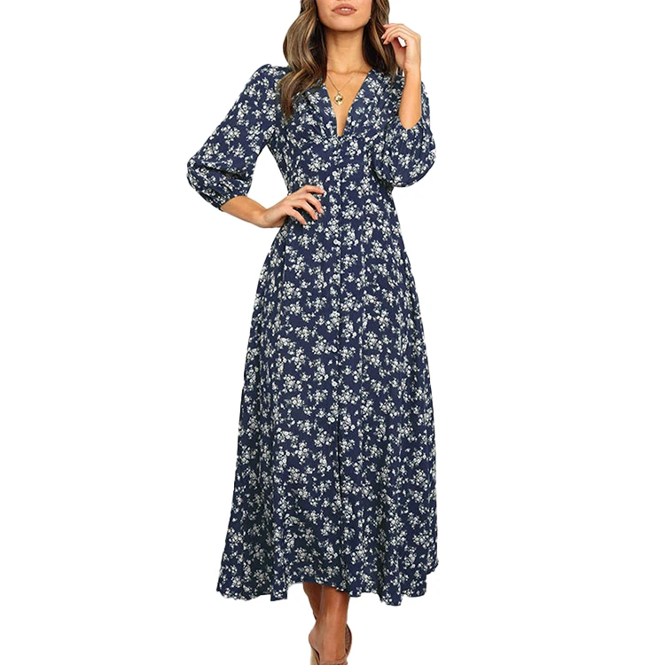 

Flora Print Women Beach Long Sleeve Chiffon Summer Sexy Long Bohemian Ruffle Lady Maxi Dress, Customized color