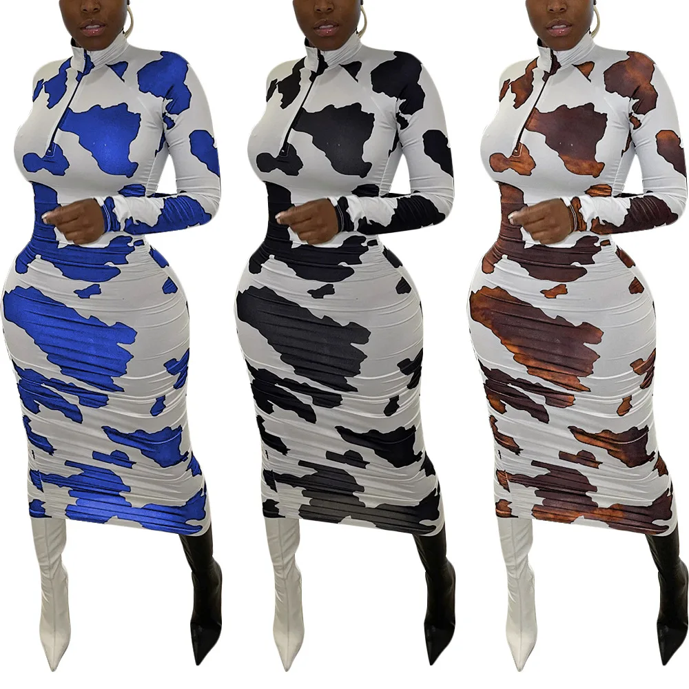 

Plus 2XL Cow Print Embroided Fabric For Women Dress Vintage Elegant Turtle Neck Latest Dress Woman Clothes 2021 Trending Dresses