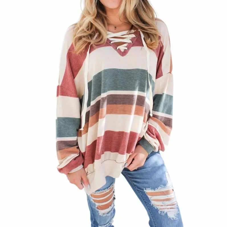 

Custom Casual V Neck Drawstring Long Sleeve Color Block Womens Oversized Sweatshirts