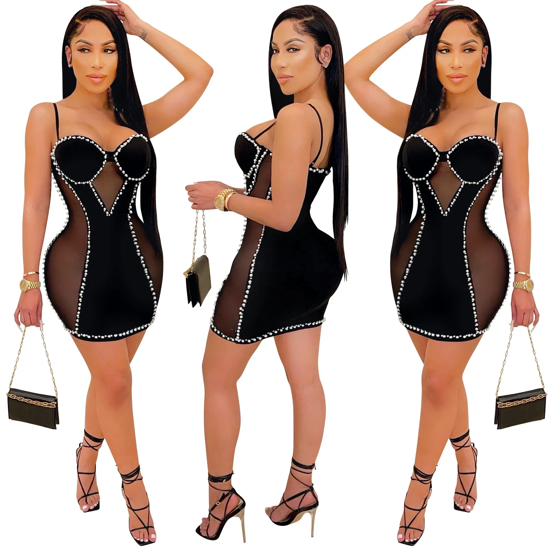

2021 New Hot Sale Beading Spaghetti Strap Mesh Patchwork Mini Dress Sexy Club Party Dress for Women
