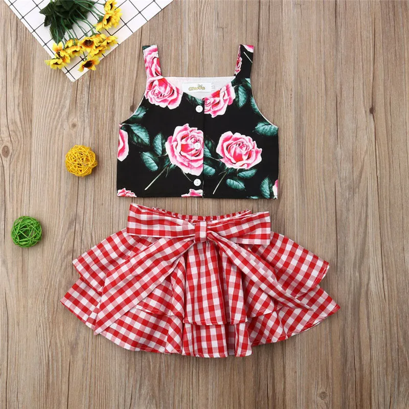 

2021 summer baby girls plaid skirt clothes sets lovely little girls floral tank top clothing sets toddlers, As picture show
