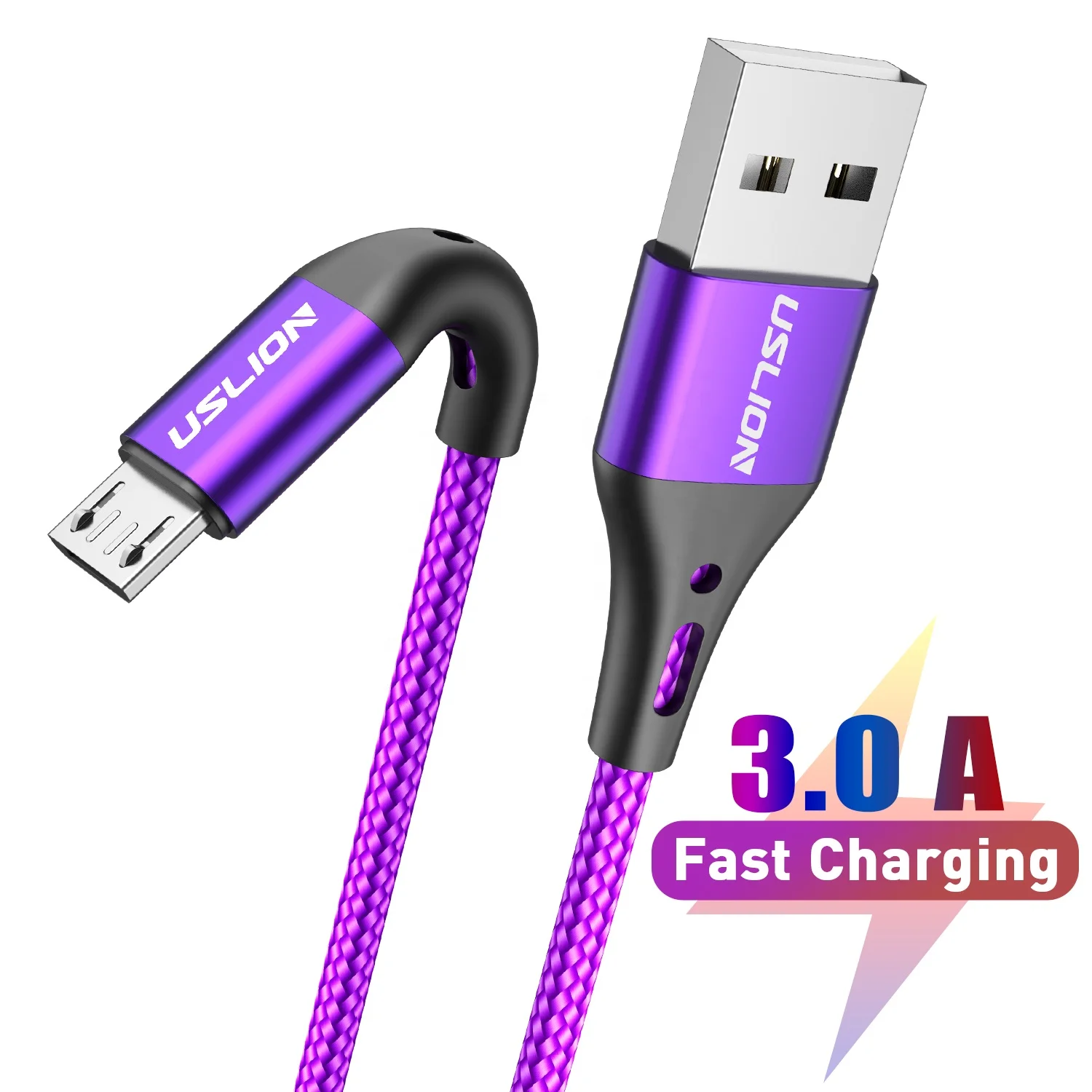 

USLION 3M Micro USB Cable 3A Nylon Fast Charging USB Type C Cable for Samsung USB Charger Data Cable Mobile Phone, Black,blue,purple,red