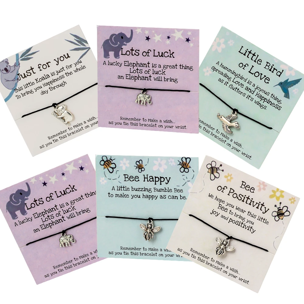 

Bee Be Happy Little Bird of Love Hummingbird Charm Australia Koala Luck Lucky Elephant Bracelets with Make a Wish Card, Multi-colors/accept custom colors