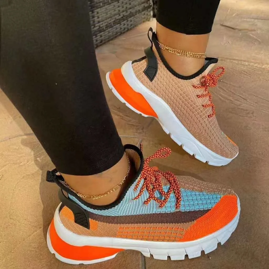 

2021 New Arrival Ladies Multi Color Lace Up Casual Breathable Net Sneakers Women Thick Bottom Tennis Running Shoes, Orange ,purple