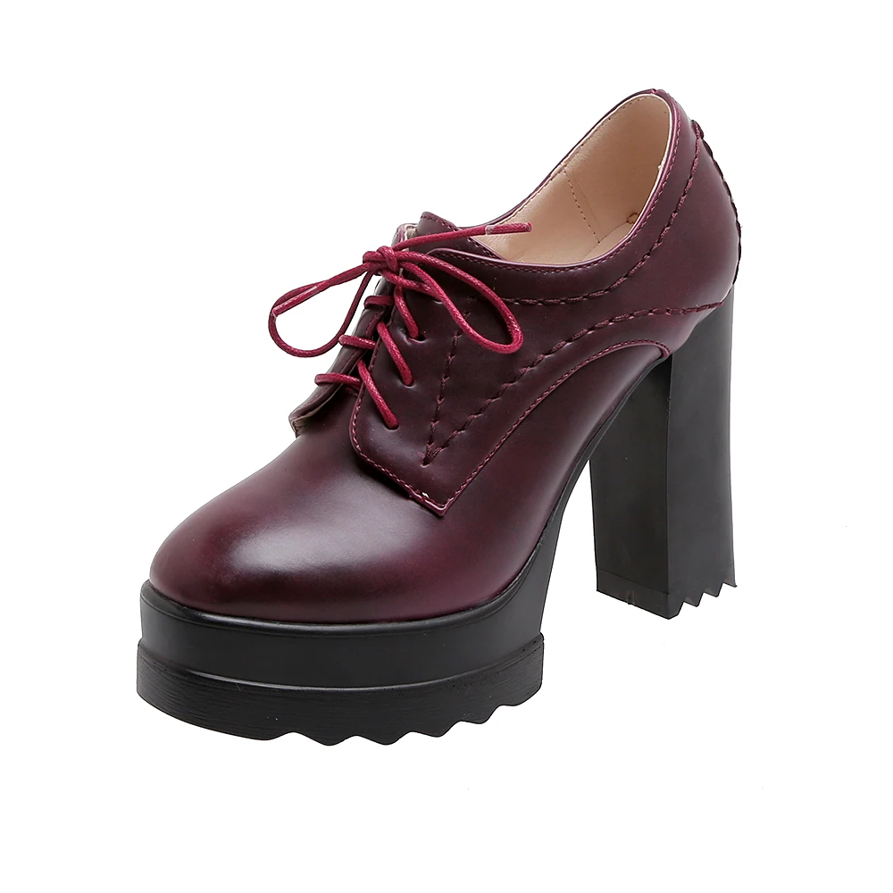 

New Fashion Round Head Waterproof Platform Lace-up Pumps Thick Heels, Blue,wine red,mud color