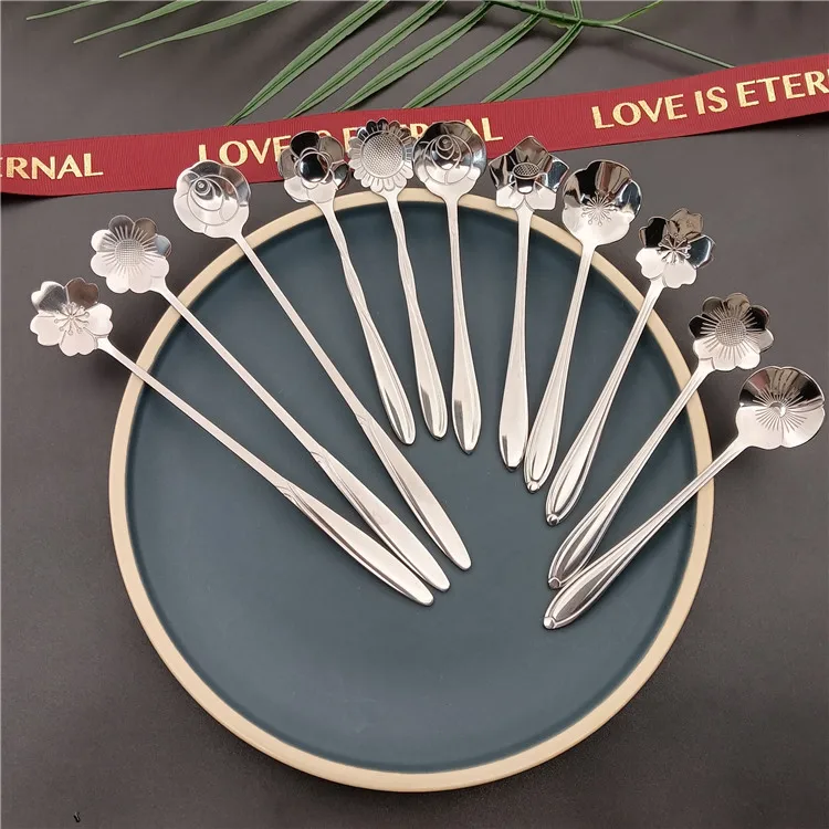 

new product 2022 spoon set stainless steel creative coffee spoon cherry rose shape spoon desert tea and coffee, Silver