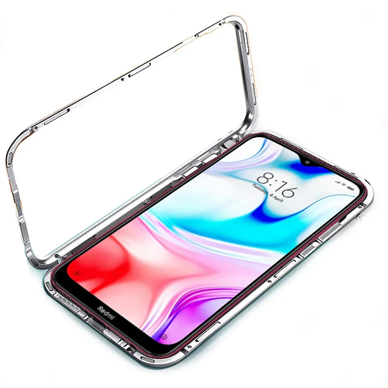 

Metal frame Back glass flip cover drop Magnetic phone case For Xiaomi Redmi 8 bumper case, Black, gray,blue,red