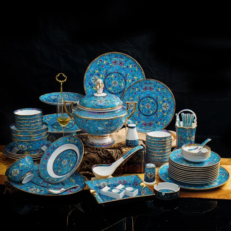 

Wholesale 86 Pcs Chinese Classical Royal Enamel Art Home Decor Dining Room Sets Porcelain Dinnerware Sets