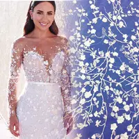 

New Style Women Dresses Fabric White Embroidered Lace, Latest Embroidery Flower and Leaf Lace Fabric
