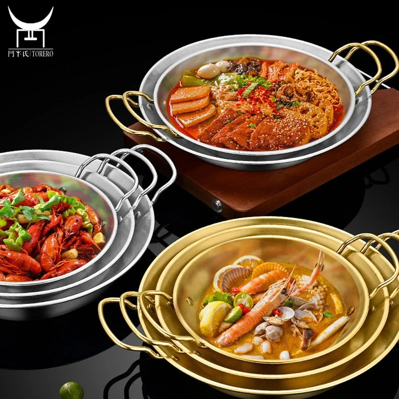 

Stainless Steel Paella Pan With Double Handle Restaurant Korean Kimchi Clear Soup Pot Seafood Dry Pot Camping Outdoor Cookware