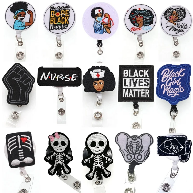 

Mixed Medical Series Felt Black Nurse Badge Reel Retractable X-ray Badge Holder For Nurse Accessories, At picture