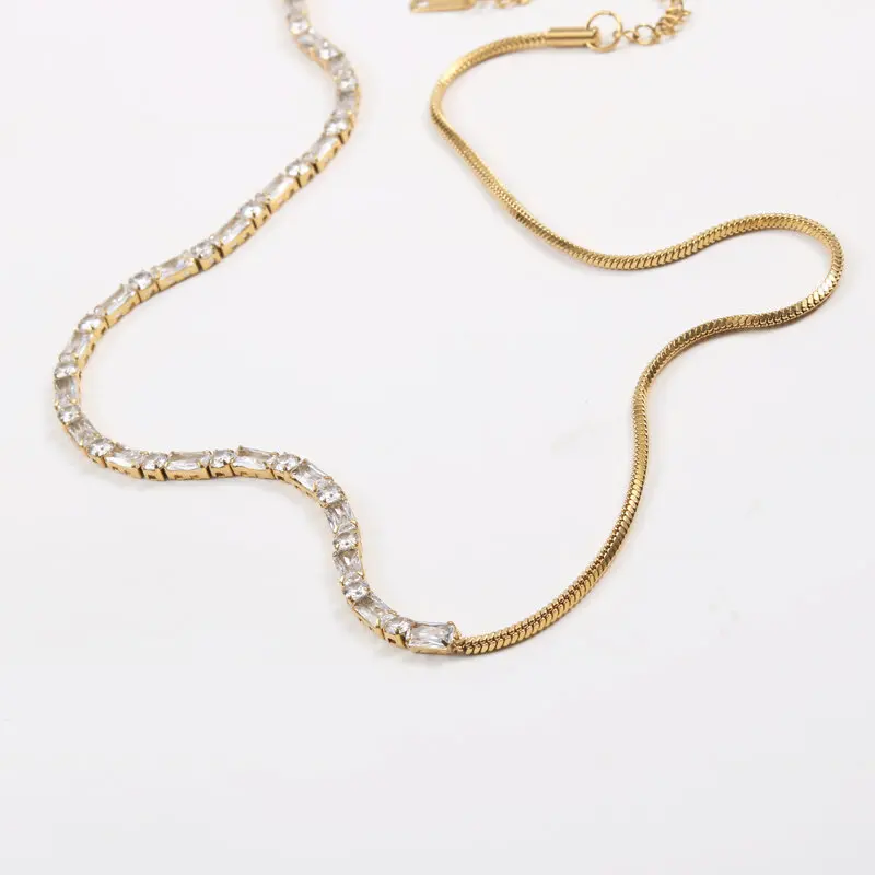 

Luxury gold plated shiny half tennis herringbone chain necklace for women