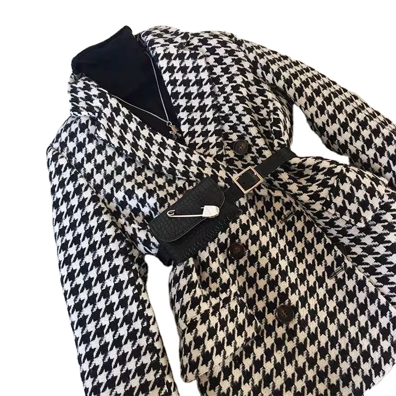 

High end Winter Blazer Woolen suits Women Fashion Elegant plaid Houndstooth Thick Office Work coat Jacket Suit Waist Bag 2021