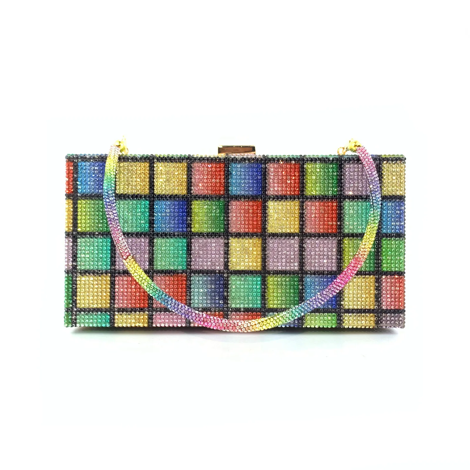 

Female Sparkling Bling Crystal Crossbody Rhinestone Rainbow Grid Cocktail Evening Bag Clutch/, As picture