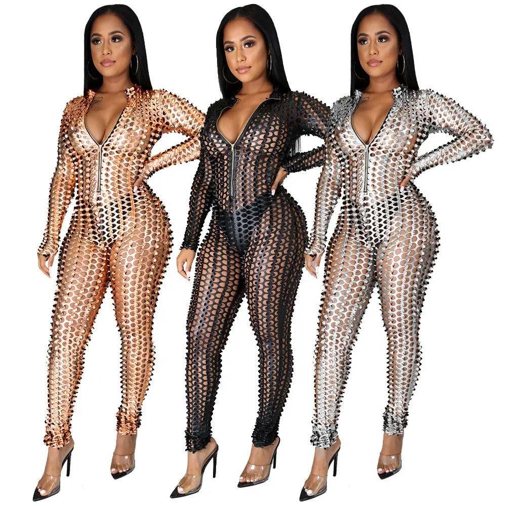 

AI73-6628 2020 Patent leather hollow tight rompers hip fish scales with holes womens sexy bodycon jumpsuit