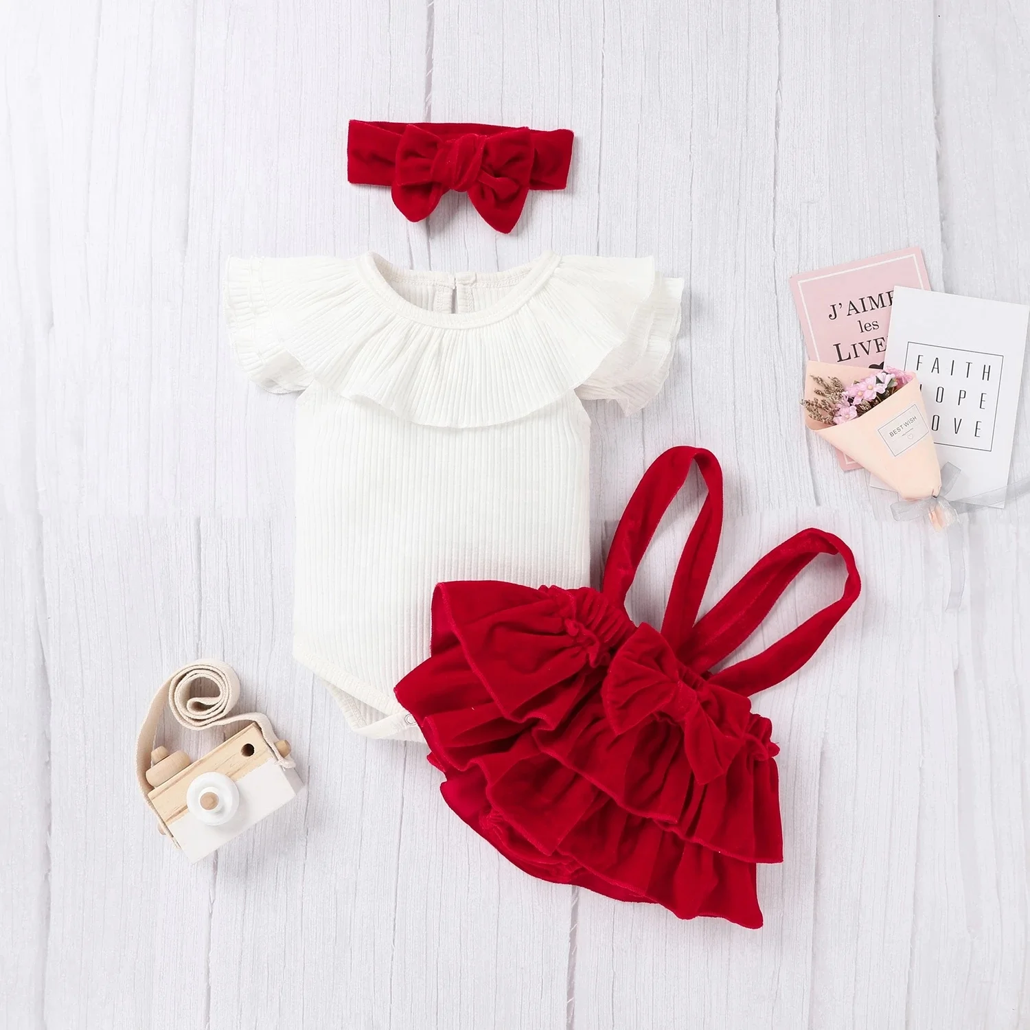 

Newborn Baby Girls Lovely Clothes Sets Flying Sleeve Ruffled Romper Suspender Shorts Headband set summer baby girls clothing