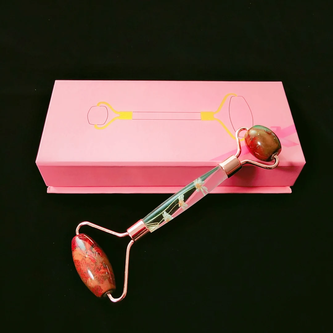 

Beauty massage tool face thin massager flower handle natural facial roller ocean agate with box