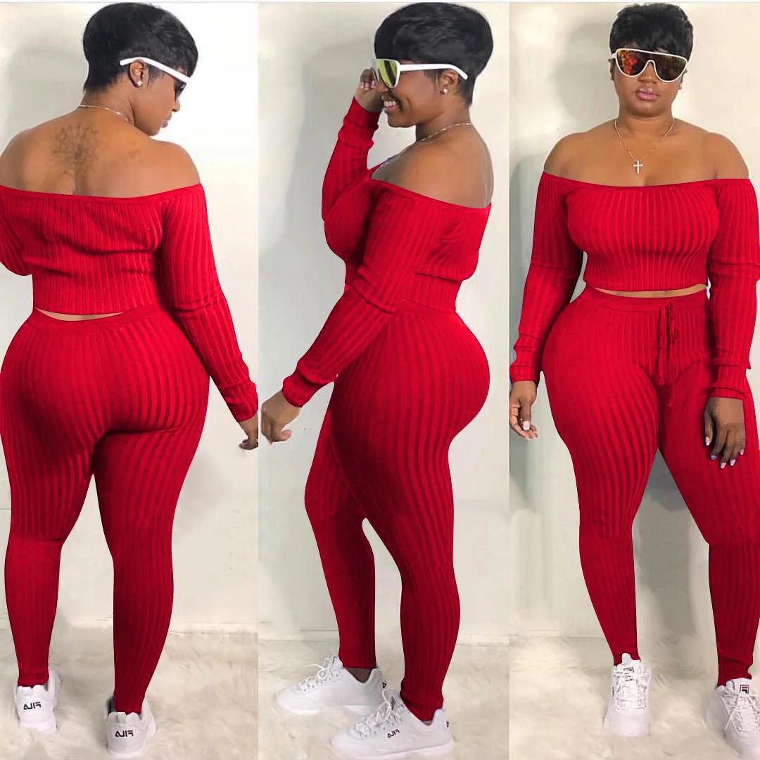 

GX1001D Fall New Arrivals Women Solid Ribbed Knitted Skinny Long Sleeve Off Shoulder Crop Top Long Pants 2 Pieces Set, Picture