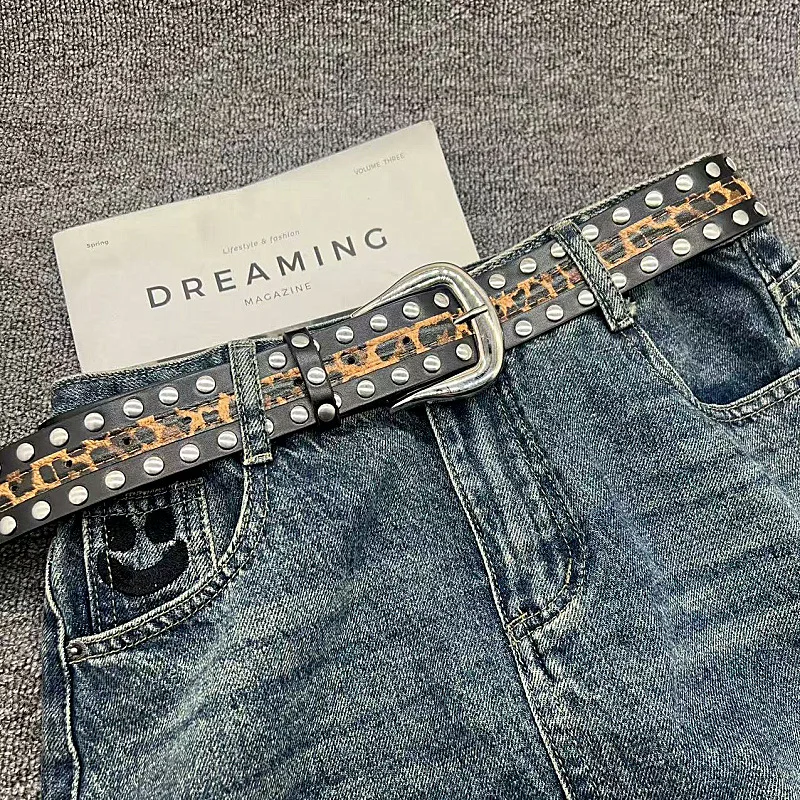 American Retro Y2K Women's Belt with New Leopard Print and Alloy Buckle Punk Style Leather for All-Match Jeans Decoration