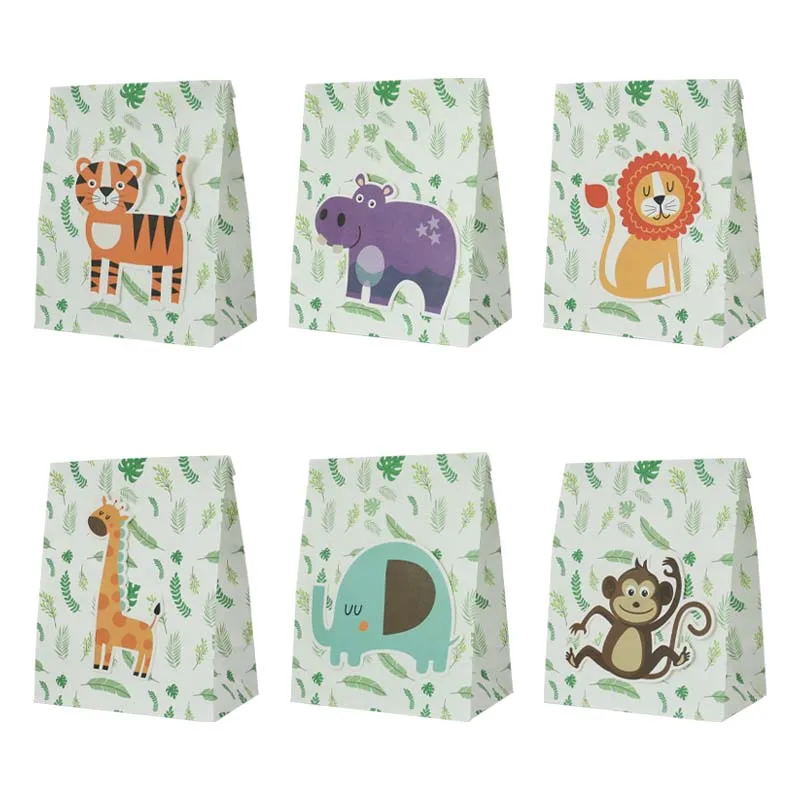 

JUMI 6 Design Jungle Animal Theme Paper Bag Kraft Paper Bag Cute Party Decoration Gift