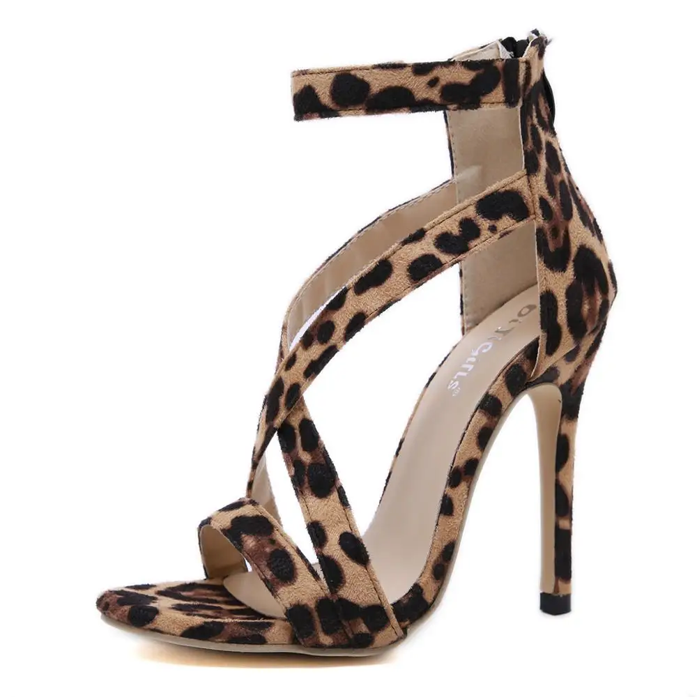 

Unique Tacchi Suede Leather 12CM High Pleaser European Style Shoes Print Leopard Heels for Women Sandals