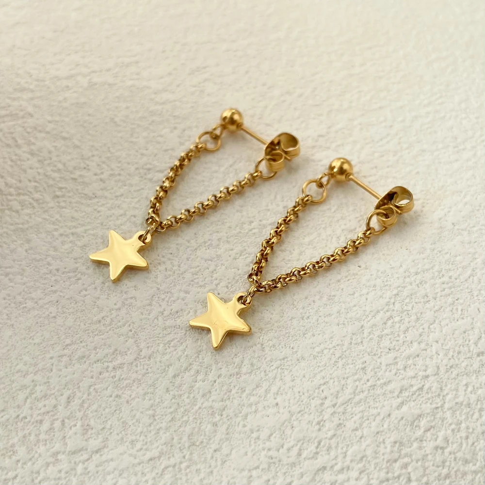 Stainless Steel Eye Catching Hoop Chain Star Drop Earring New Fashion Gold Plated Tassel Star Dangle Earrings For Girls