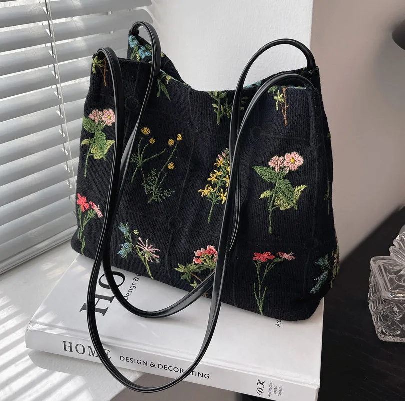 

2023 Custom Canvas Embroidery Flowers Fashion Women Girls Shopping Classic Tote Single Shoulder Sling Handle Bag Handbag