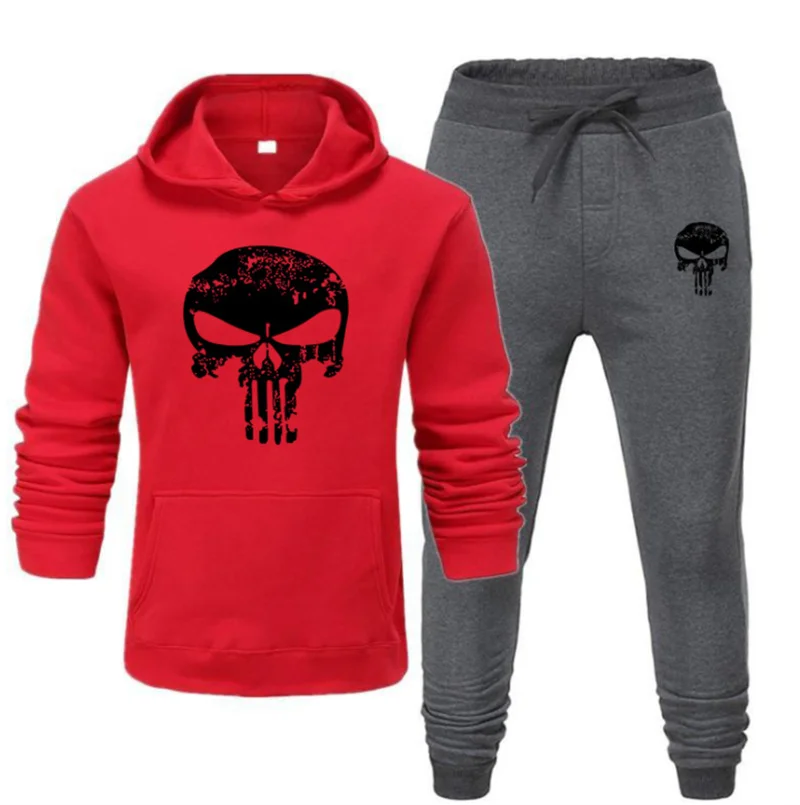 

Men's hooded sportswear autumn and winter fleece skull print suit fitness sportswear sweatsuit, Custom color