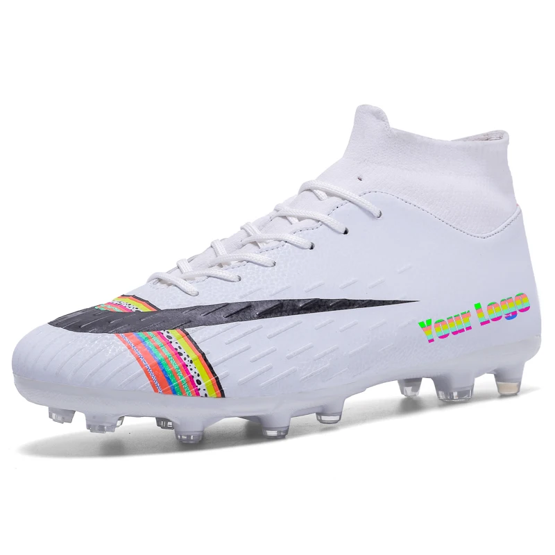 

Custom White Men Football Boots High Ankle Soccer Shoe Women Soft Man Football Shoes Botas De Futbol Socks Cleats Training, Blue, black