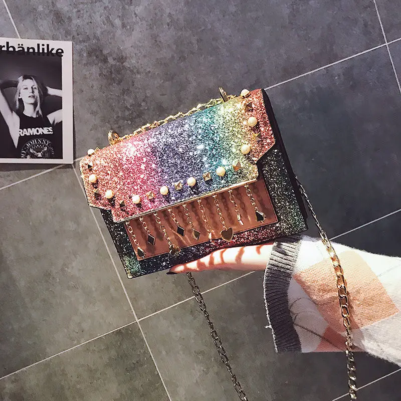 

2020 New Sequins square hand bags Korean messenger handbags for women purses