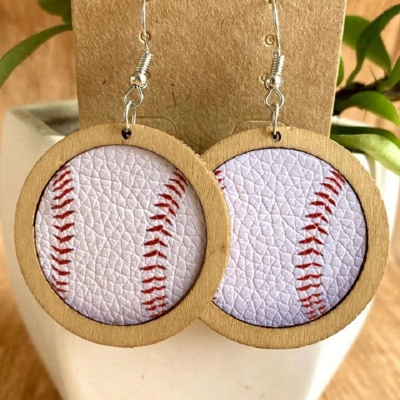 

Fashion Sport Jewelry Wood Pu Leather Basketball Baseball Volleyball Statement Earrings, 4 colors