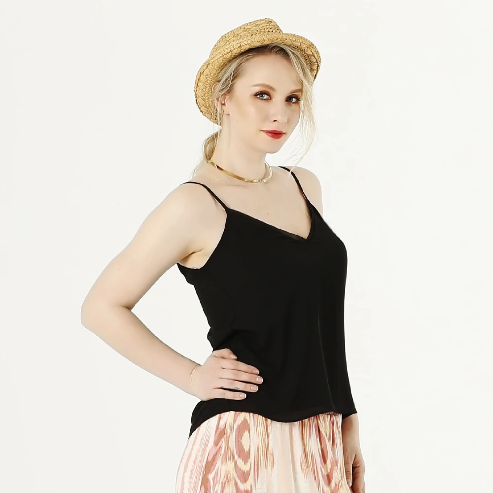 

Womens Sexy Spaghetti Strap Double V Neck Black Chiffon Casual Cami Tank Tops