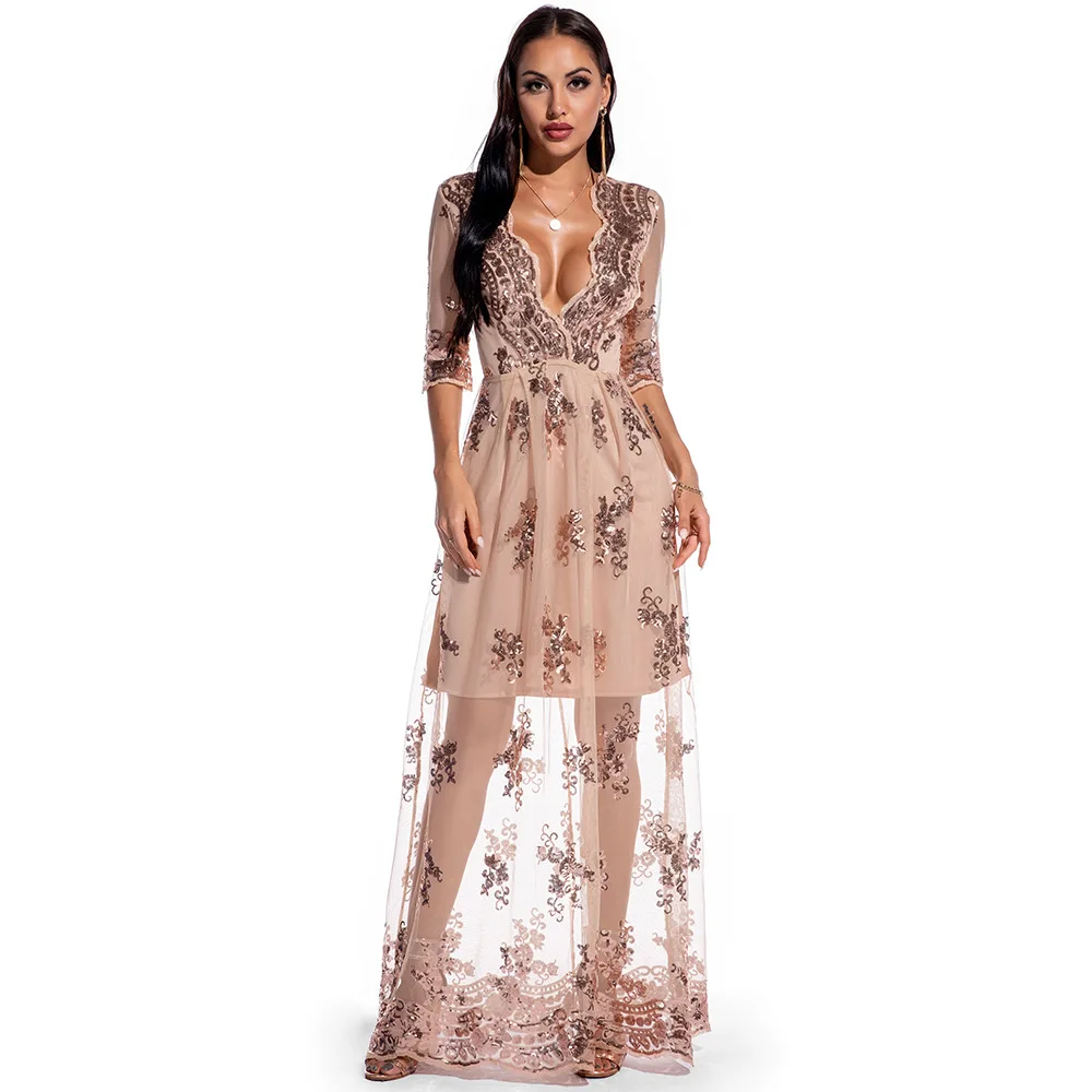 

Sexy See Through Mesh Women Dress Tassel Sequined Elegant Long Evening Dresses, Picure