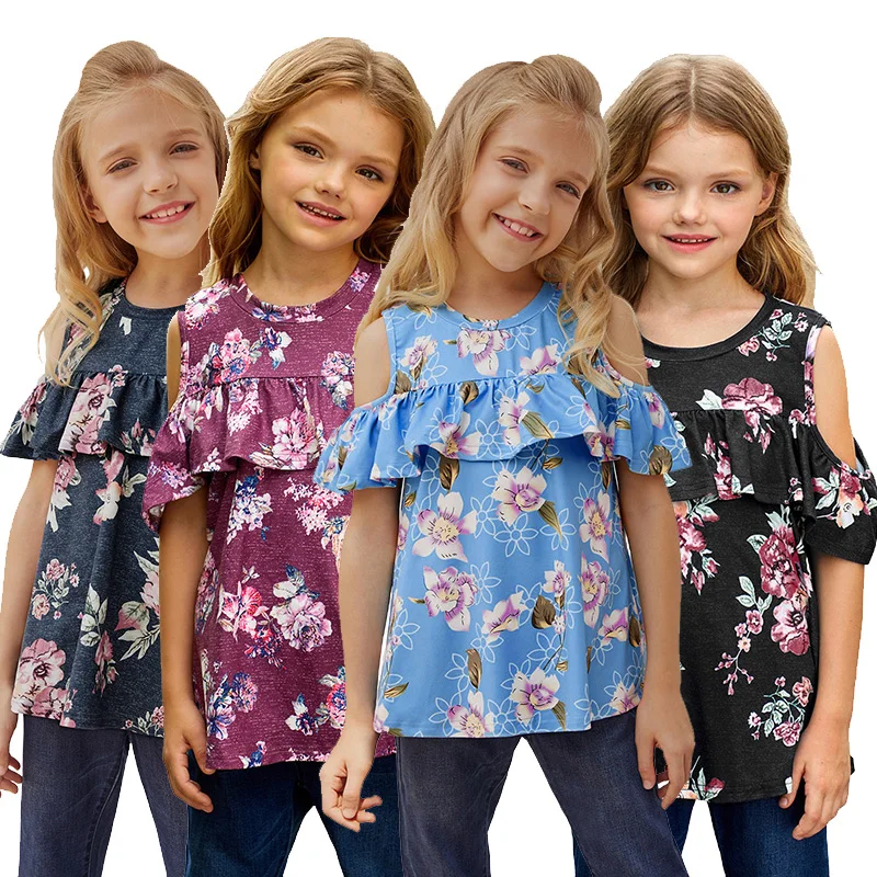 

2022 New Floral Ruffled Off Shoulder Children Baby Blue Cotton T Shirt For Kids