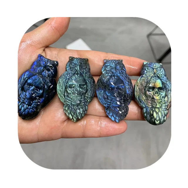 

50mm decorative stones carving gemstone crafts natur blue flash labradorite owls decorated animal skulls for sale
