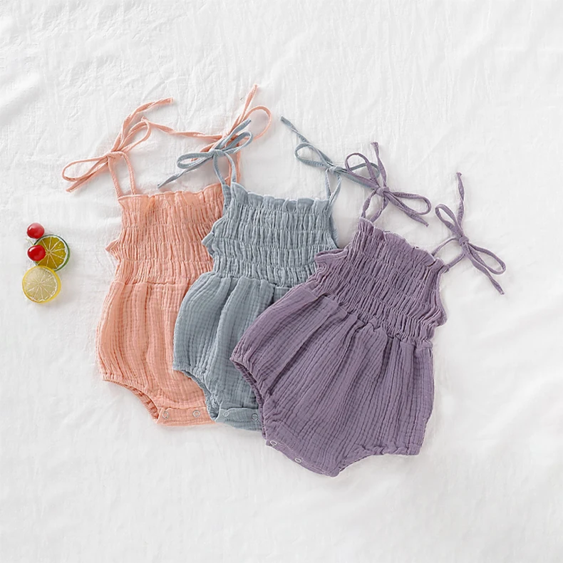 

Wholesale summer newborn baby girl jumpsuit children's clothing kids climbing clothes cotton linen lace sleeveless baby rompers, Customized color