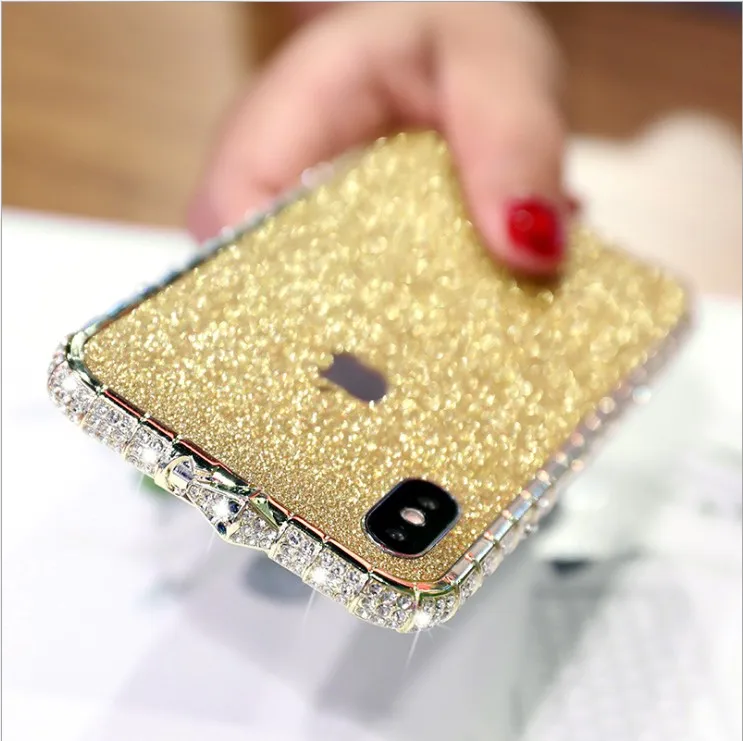 

Shiny Glitter Sticker Cover Cute Custom Luxury Sparkly Bling Glitter Rhinestone Diamond Metal Button Bumper Case Phone Case, Luxury gold black white rose gold red
