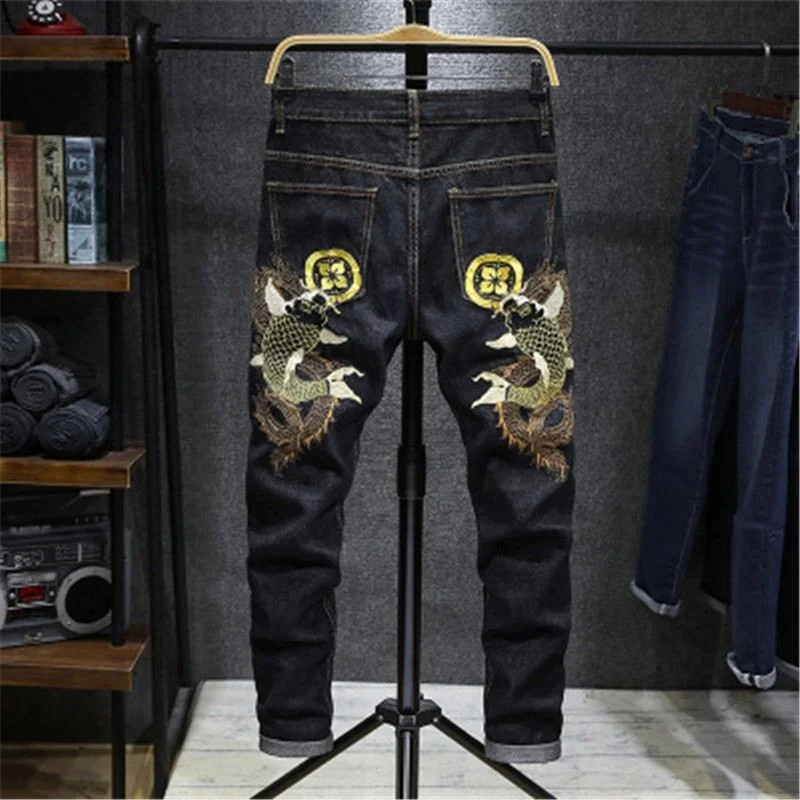 

Voogue Autumn new style koi embroidery black overalls jeans men's slim feet stretch straight leg pants men's casual all-match, Customized color