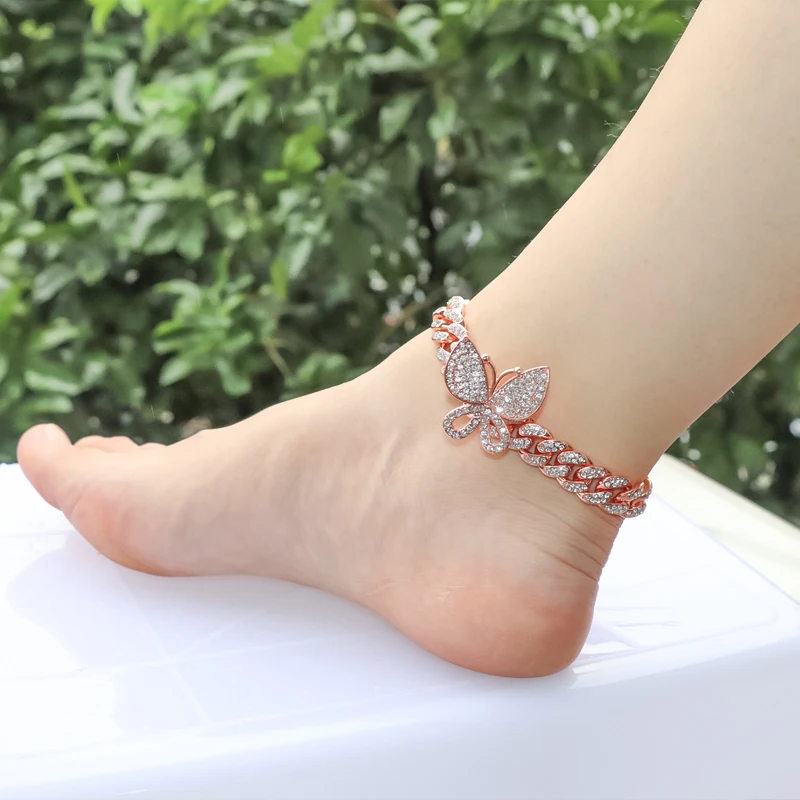 

2022 New Arrival Hips Pops Cuban Chain Butterfly Ankle Bracelet Rose Gold Plated Rhinestone Crystal Butterfly Anklets