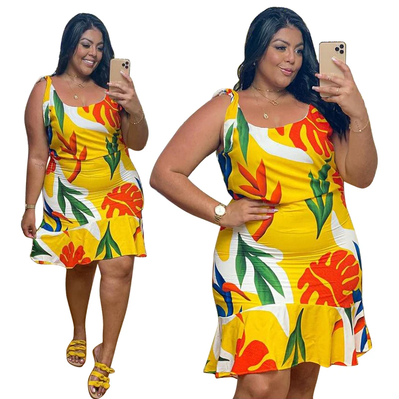 

2021 hawaiian yellow printing sleeveless oversized women clothingplus size summer women dress