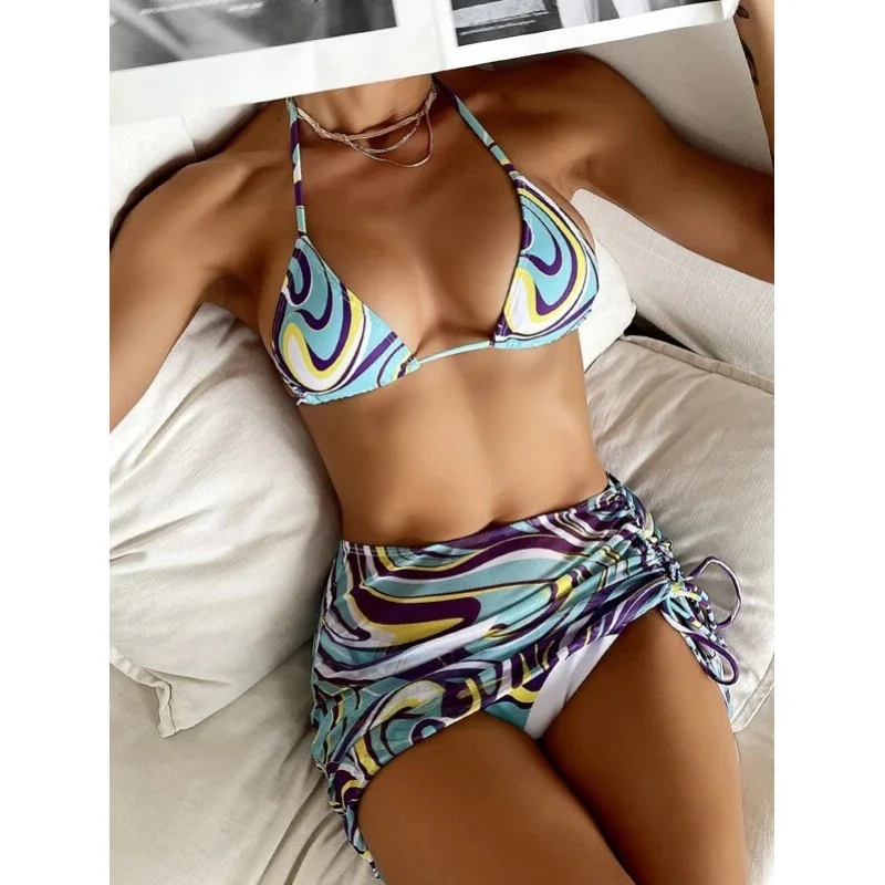 

new arrivals printed beach wear swim bathing suit micro mesh bikini swimwear sexy bandage 3 piece bikini set for women