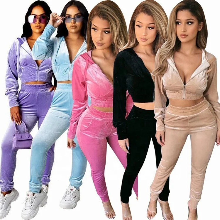 

Fall Clothing Velvet Long Sleeve Hoodie Sweatpants Joggers Tracksuit 2 Piece Set Women, Purple / sky blue / black / pink / apricot / red / blue