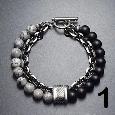 

New Fashion Gem Antique Silver Plated Gun Black Tiger Eye Stone Lava Glass Beads Black Chain Bracelets For Men, As picture