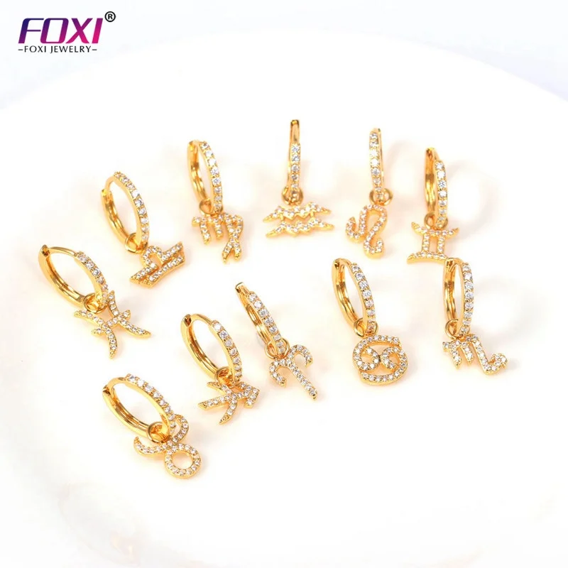 

F769 Fashion Gold Plated Hoop Ear Rings With Zodiac Signs Pendant Huggie Earrings Jewelry Women