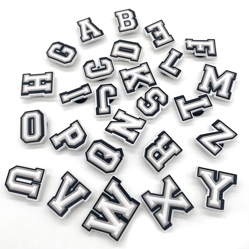 

Hot Selling Pvc Popular black and white A-Z Letters number 1-9 Glow clog Charms Luminous Croc shoe decoration accessories