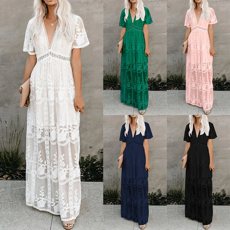 

2021 New arrival summer lace hook embroidery holiday beach new V-neck long dress