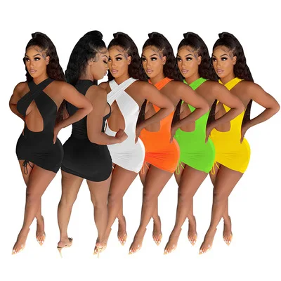 

GX8105A new design summer bodycon dress solid pleated cut out sexy dress for women, Picture